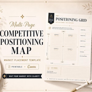 May include: A multi-page competitive positioning map template featuring a positioning grid with four quadrants, labeled axes, and sections for competitor analysis. The document includes the text "Multi-Page COMPETITIVE POSITIONING MAP" and "POSITIONING GRID" in black ink on a cream-colored background.