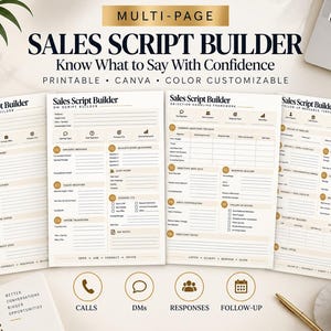 May include: A multi-page sales script builder template featuring sections for call scripts, DM scripts, objection handling, and follow-up messages. The documents are printed on white paper with beige accents and black text, including the title Sales Script Builder.