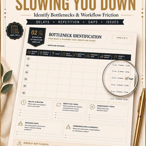 May include: A workflow optimization template titled Find What's Slowing You Down, featuring a Bottleneck Identification chart with columns for problem areas, causes, and priority levels. A magnifying glass rests on the page, highlighting a high priority checkbox.