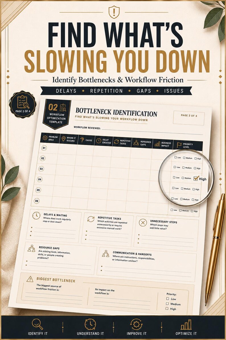 May include: A workflow optimization template titled Find What's Slowing You Down, featuring a Bottleneck Identification chart with columns for problem areas, causes, and priority levels. A magnifying glass rests on the page, highlighting a high priority checkbox.