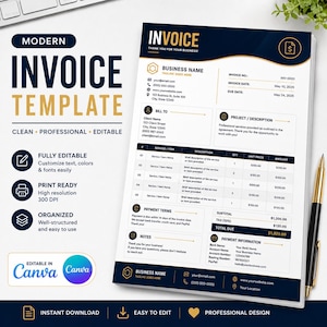 May include: A modern invoice template document featuring a dark blue and gold color scheme. The layout includes sections for business name, client details, project description, itemized services, payment terms, and banking information with a gold pen.