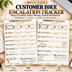May include: A multi-page customer issue escalation tracker template featuring two distinct forms with sections for issue summary, impact, history, action logs, and resolution records, all printed on white paper with tan accents and headers.