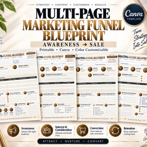 May include: A multi-page marketing funnel blueprint template featuring four distinct document pages with gold and black text, icons, and structured fields for strategy, content, customers, and results, designed for printable use and customization.