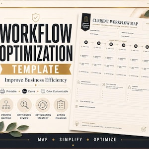 May include: A workflow optimization template document featuring a current workflow map with six numbered stages, sections for inputs, tools, and notes, alongside a gold pen, all presented on a cream-colored background with black text.