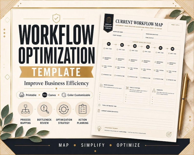 May include: A workflow optimization template document featuring a current workflow map with six numbered stages, sections for inputs, tools, and notes, alongside a gold pen, all presented on a cream-colored background with black text.