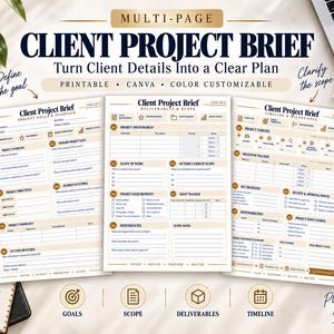 Puede incluir: Una plantilla de brief de proyecto para clientes de varias páginas con secciones para objetivos, entregables, alcance y cronogramas. El documento incluye campos para la descripción general, objetivos, prioridades y hitos, diseñado para imprimir.