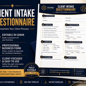 Może przedstawiać: Szablon kwestionariusza dla klienta do druku w kolorze ciemnoniebieskim i złotym. Dokument zawiera sekcje dotyczące informacji o kliencie, celów projektu, oczekiwań czasowych, zakresu budżetu, preferencji komunikacyjnych oraz dodatkowych notatek.