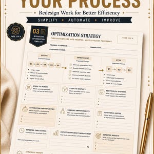 May include: A workflow optimization template document titled OPTIMIZE YOUR PROCESS, featuring sections for process improvement, proposed changes, automation opportunities, and expected results, accompanied by a gold pen on a light background.