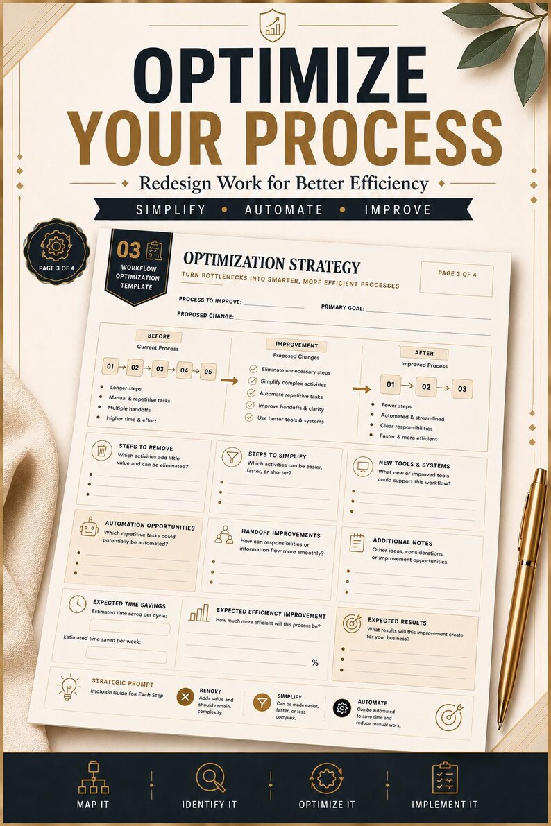 May include: A workflow optimization template document titled OPTIMIZE YOUR PROCESS, featuring sections for process improvement, proposed changes, automation opportunities, and expected results, accompanied by a gold pen on a light background.