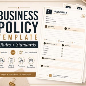 Könnte beinhalten: Eine Geschäftspolitik-Vorlage mit dem Text Business Policy Template Rules + Standards. Die Seite enthält Abschnitte für den Überblick, Zweck, Geltungsbereich und Grundprinzipien mit klarem Layout, beigen Akzenten und schwarzem Text.