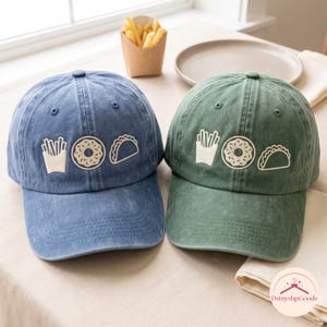 Geborduurde baseballpet met friet, donut en taco-motief, subtiel voedseldesign, 100% katoenen pet
