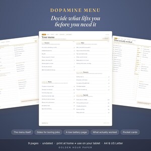 Könnte beinhalten: Ein Dopamine Menu Planer-Set bestehend aus drei weißen Seiten mit schwarzem Text, inklusive Abschnitten für Starters, Sides, Mains, Desserts und Specials. Der Text lautet Decide what lifts you before you need it und What actually worked.