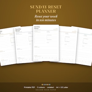 Peut inclure: Un planificateur Sunday Reset avec cinq pages blanches comportant du texte et des lignes noirs. L'en-tête indique Sunday Reset, Reset your week in ten minutes. Les sections incluent des rituels hebdomadaires, intentions et priorités.