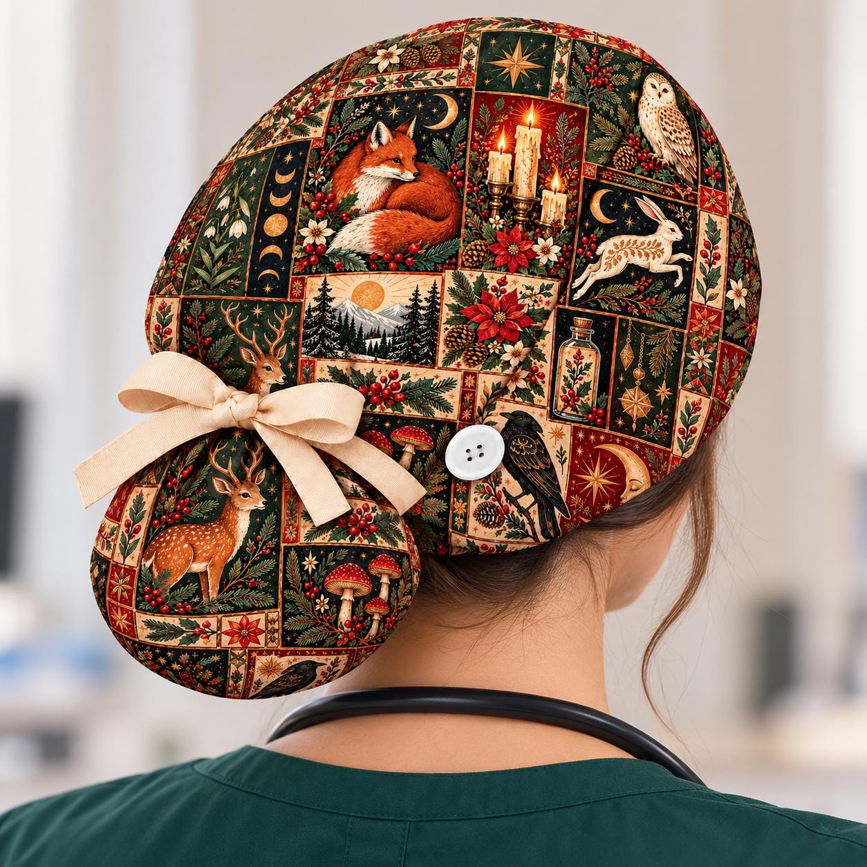 Woodland Christmas Scrub Cap, Vintage Fox Owl Deer and Raven Surgical Hat, Gothic Forest Patchwork N