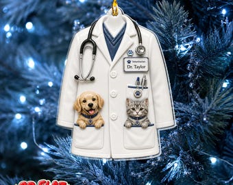 Adorno navideño personalizado para veterinario, recuerdo personalizado con bata blanca y nombre del veterinario.