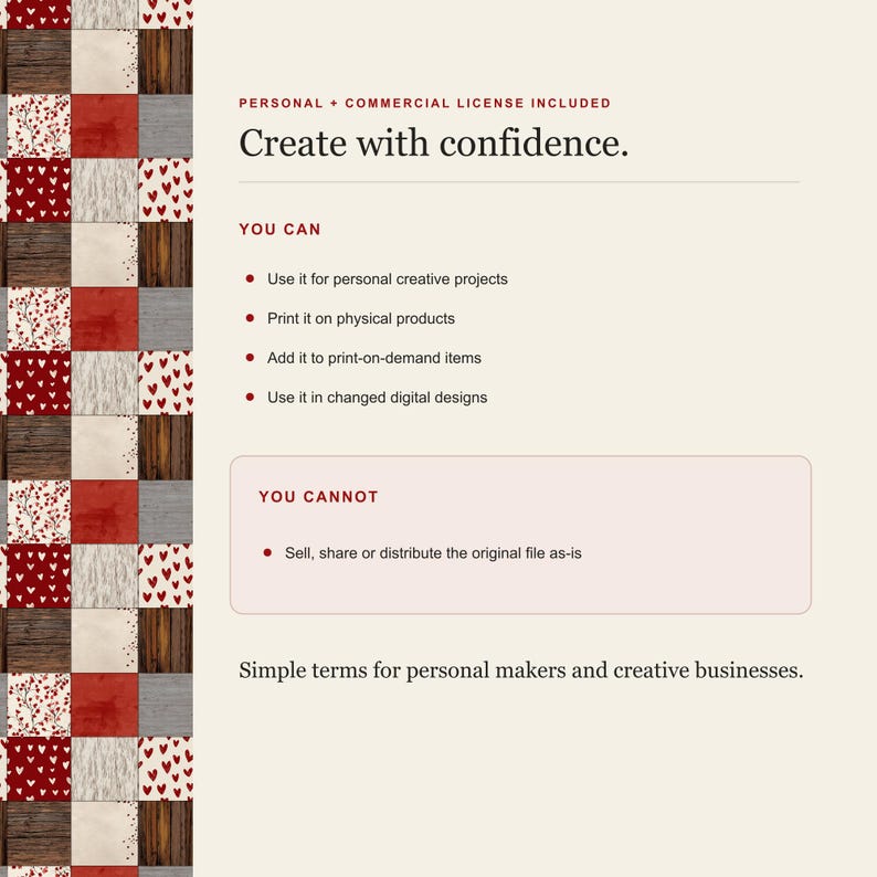 Personal and commercial use summary beside a strip of the pattern.