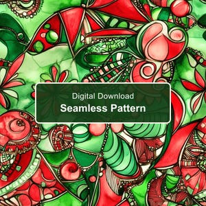 May include: A digital download seamless pattern featuring an abstract design with vibrant red and green watercolor-style shapes, intricate black ink outlines, and geometric details. A dark green rectangular overlay displays the text Digital Download Seamless Pattern.