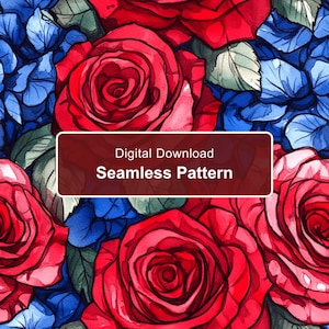 May include: A seamless pattern featuring vibrant red roses and deep blue hydrangea flowers with green leaves. A dark red rectangular overlay in the center displays the white text Digital Download Seamless Pattern.