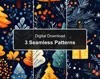 Teal and Orange Folk Art Christmas Trees and Gifts on Dark Navy, 3 PNG Files