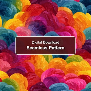 Pode incluir: Um padrão digital sem costuras para download com pinceladas circulares sobrepostas em tons vibrantes de vermelho, laranja, amarelo, roxo, azul e verde. Uma caixa retangular escura no centro exibe o texto branco Digital Download Seamless Pattern.
