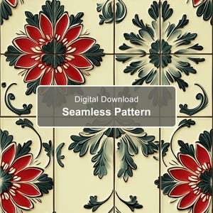 Puede incluir: Un patrón sin costuras con un motivo floral repetitivo en rojo y verde oscuro sobre un fondo crema. El diseño incluye pétalos estilizados y hojas en espiral. Un recuadro gris muestra el texto Digital Download Seamless Pattern.