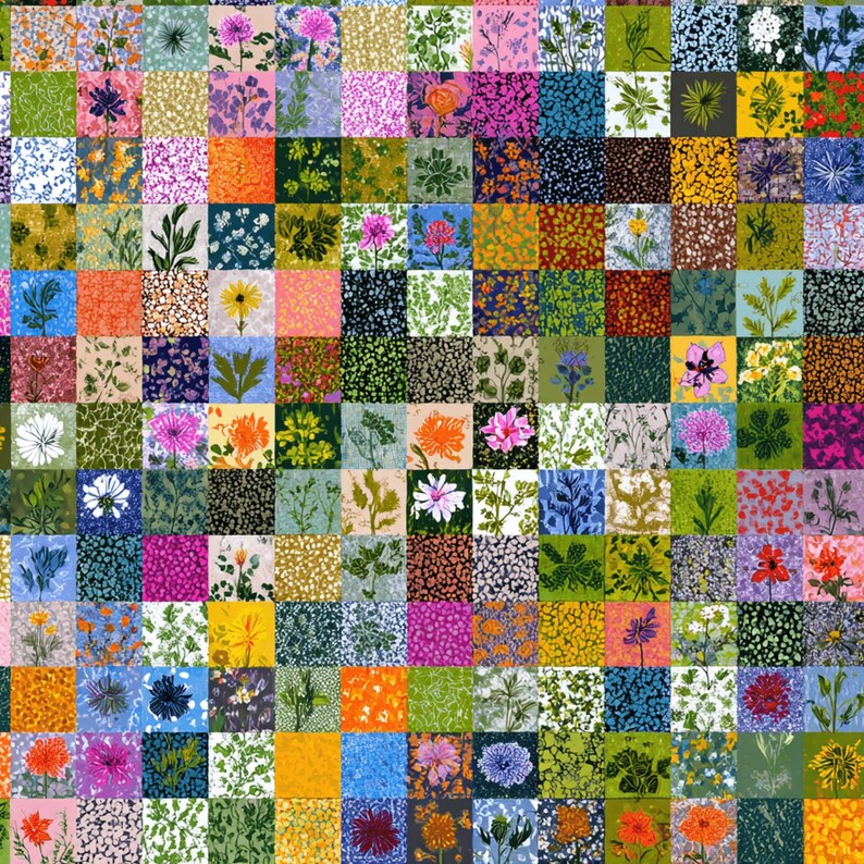 Protected close preview of a dense grid of small, varied squares, each containing a different botanical illustration or floral pattern, creates a colorful patchwork effect.