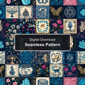 May include: A digital download seamless pattern featuring a grid of square tiles with dark blue, cream, and pink tones. The tiles display illustrations of menorahs, Star of David symbols, butterflies, floral arrangements, and hamsa hand motifs.
