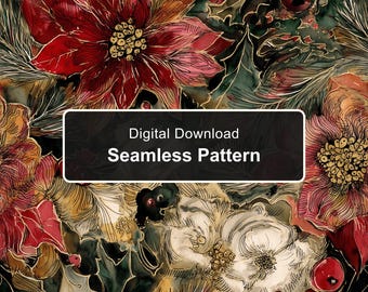 Motif sans couture de poinsettias de Noël à l'encre à alcool, papier numérique floral de Noël aux lignes dorées