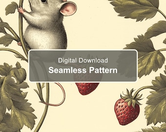 Motif botanique vintage sans couture de souris et de fraises (PNG)