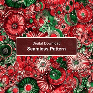 May include: A digital download seamless pattern featuring a vibrant, abstract watercolor design with intricate circular and floral-like motifs in shades of deep red, bright crimson, and forest green, overlaid with the text Digital Download Seamless Pattern.