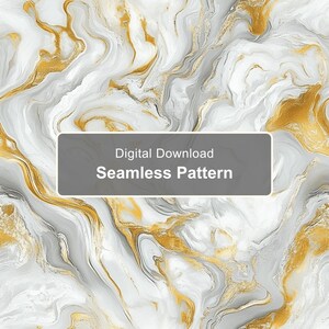 May include: A seamless pattern featuring a fluid marble design with swirling veins of white, gray, and metallic gold. A gray rectangular overlay in the center displays the white text: Digital Download Seamless Pattern.