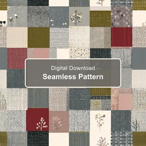 May include: A digital download seamless pattern featuring a grid of squares with varied textures and motifs in shades of olive green, deep red, charcoal grey, cream, and dusty pink, with the text Digital Download Seamless Pattern centred.
