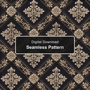 Può includere: Un motivo senza cuciture caratterizzato da un design damascato ripetitivo in oro metallizzato su uno sfondo grigio scuro. L'immagine include una sovrapposizione rettangolare centrale con testo bianco che recita Digital Download Seamless Pattern.