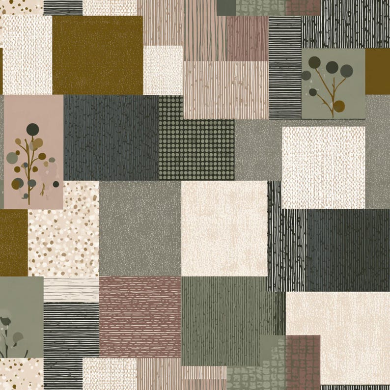 Protected close preview of the included muted earth tone geometric patchwork seamless pattern.