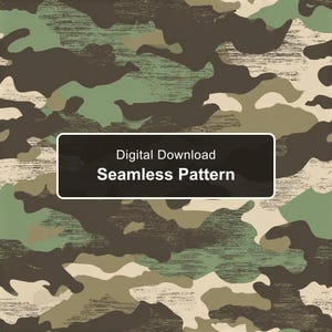 May include: A digital download seamless pattern featuring a camouflage design with organic shapes in shades of dark brown, olive green, light green, and beige. A black rectangular overlay contains the white text Digital Download Seamless Pattern.