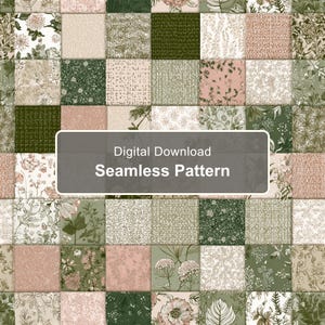 Puede incluir: Un patrón sin costuras de descarga digital que presenta una cuadrícula de azulejos cuadrados en tonos verde salvia, rosa empolvado y crema. Cada cuadrado muestra distintas ilustraciones botánicas, motivos florales y texturas.