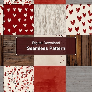 Rustic Patchwork Hearts Seamless Pattern, Wood Grain and Floral Shabby Chic Digital Paper PNG