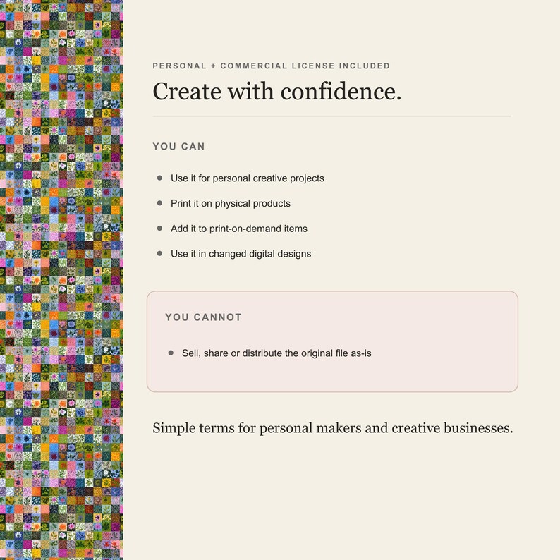 Personal and commercial use summary beside a strip of the pattern.