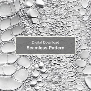 Op de afbeelding: Een wit en grijs naadloos digitaal downloadpatroon met een gestructureerd krokodillenhuidontwerp met verhoogde schubben van verschillende groottes en vormen. Een rechthoekige overlay toont de tekst Digital Download Seamless Pattern.