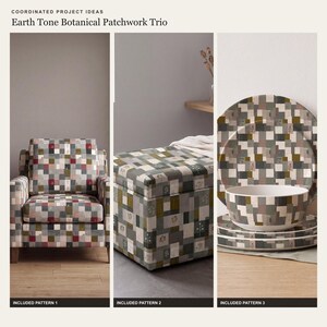 Clean coordinated application board showing the first group of exact patterns from the earth tone botanical patchwork trio collection.
