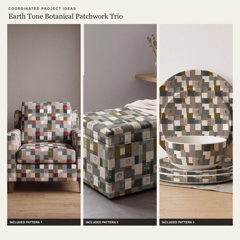 Clean coordinated application board showing the first group of exact patterns from the earth tone botanical patchwork trio collection.