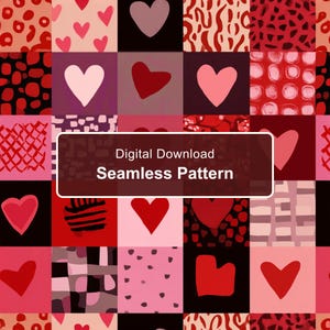 Seamless Heart Patchwork Pattern, Red and Pink Eclectic Grid Digital Paper