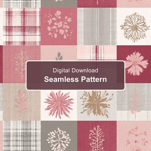 May include: A digital download seamless pattern featuring a grid of squares with alternating designs of red and white plaid, light pink floral sketches, and grey striped textures. A dark rectangular overlay displays the text Digital Download Seamless Pattern.
