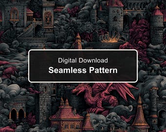 Motif sans couture de dragon et château magenta, illustration de dark fantasy (PNG)