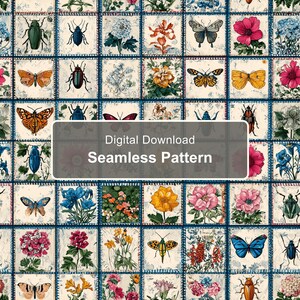 Vintage Botanical and Insect Grid Seamless Pattern, Flowers Butterflies Beetles Natural History Tiles PNG