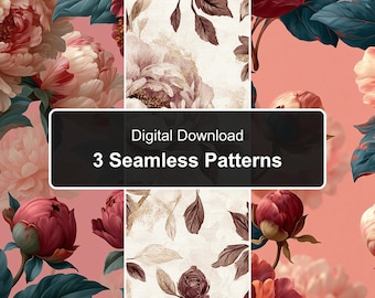 Vintage Peony Pattern Bundle, Burgundy Coral Teal Floral, 3 PNG Files