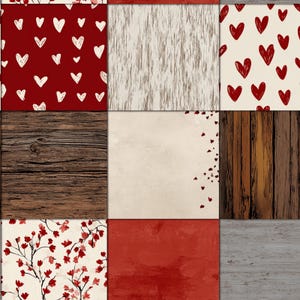 Protected close preview of a rustic patchwork design composed of squares featuring various wood grains, hand-drawn hearts, delicate red floral branches, and textured solid red and cream panels.