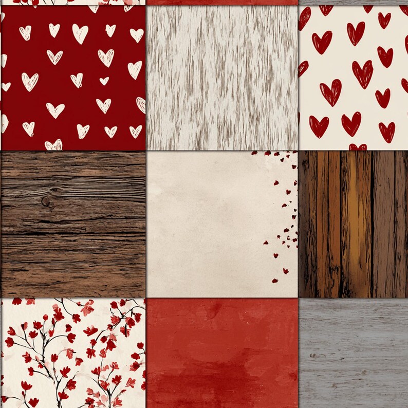 Protected close preview of a rustic patchwork design composed of squares featuring various wood grains, hand-drawn hearts, delicate red floral branches, and textured solid red and cream panels.
