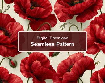 Motif botanique sans raccord de coquelicots rouges, papier numérique floral à grande échelle (PNG)
