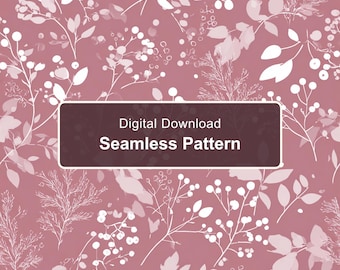 Dusty Rose Botanical Seamless Pattern, White Berry Silhouette, Elegant Floral Branches (Digital Paper PNG)